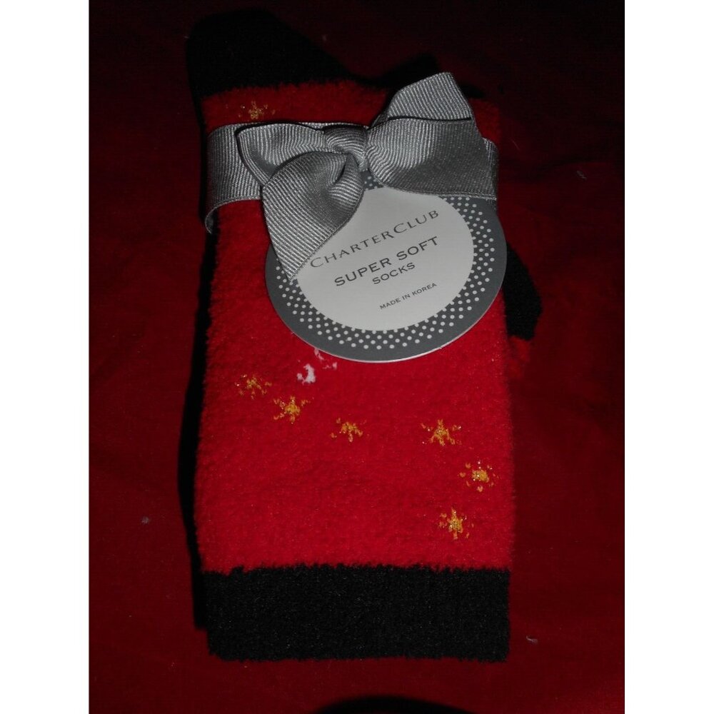 Charter Club Women's Soft Fuzzy Socks Red Black 9-11 Fits Shoe Size 6-10